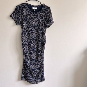 Motherhood Maternity Sharp Navy /Pink Stretch Embroidered Lace Midi ...Size:M